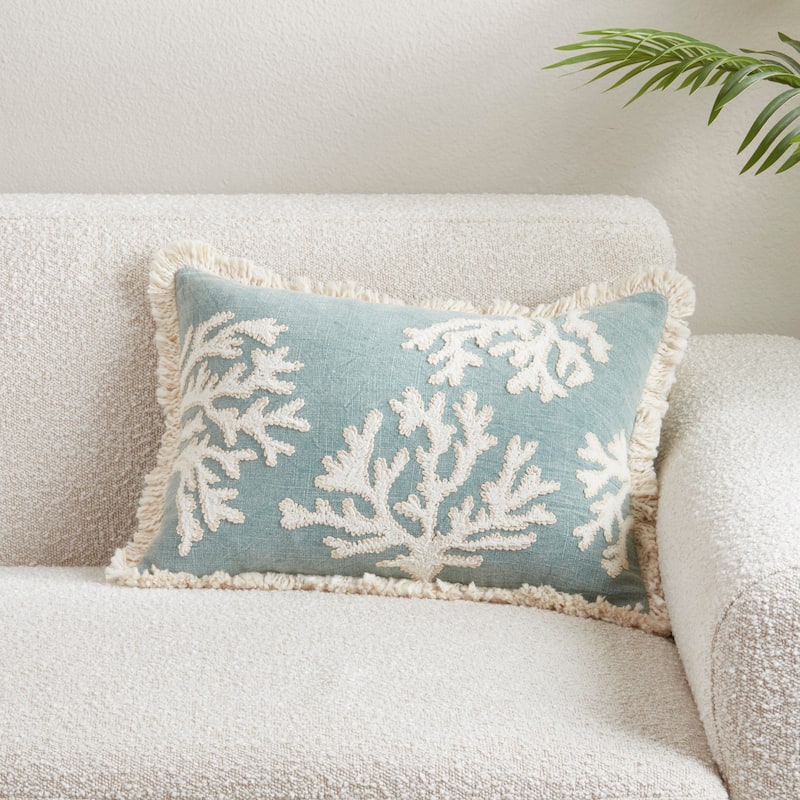 Embroidered Coral Fringe Cotton Throw Pillow - Coastal Coral Design for Sofa, Bed & Accent Styling, 14"x20"
