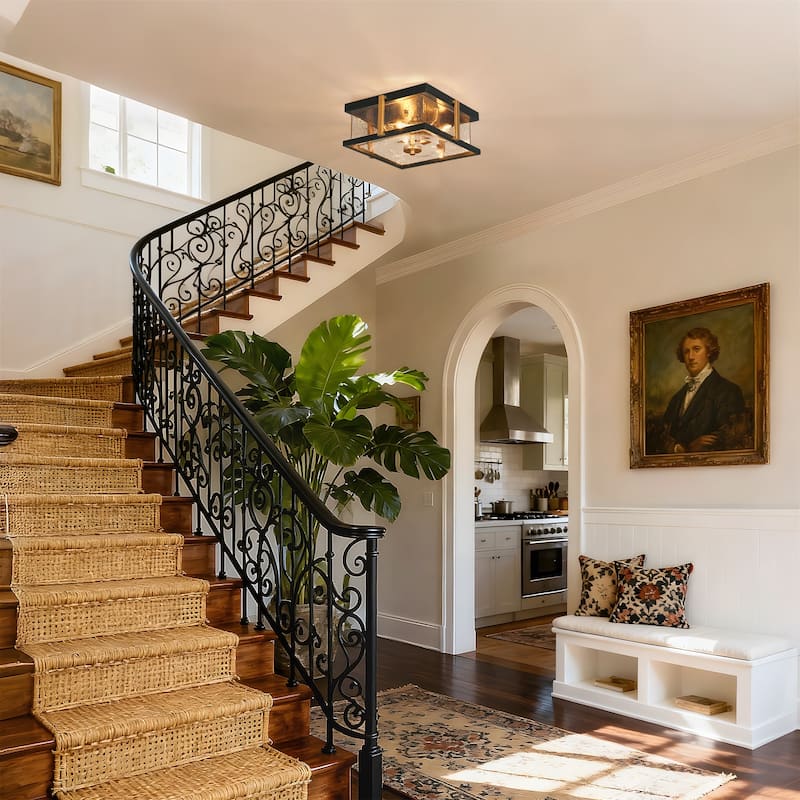 Modern 3-Light Black Gold Square Glass Flush Mount Ceiling Foyer Light - 12" L x 12" W x 5.5" H