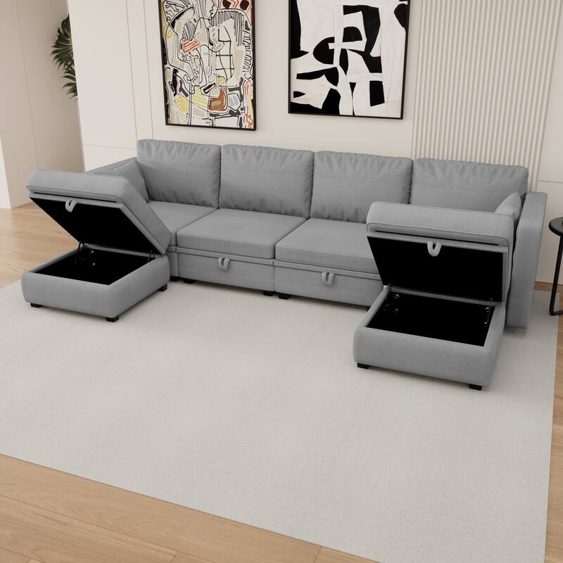 6-Seat U-Shaped Modular Reversible Sectional Sofa with Storage Ottoman