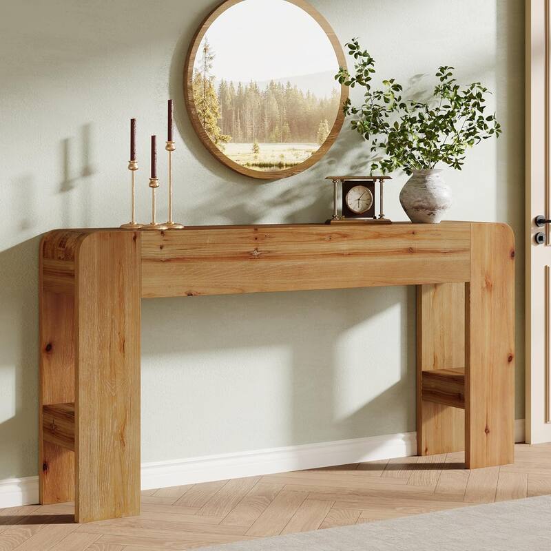 63-Inch Solid Wood Console Table, Sofa Table Behind Couch for Entryway, Living Room, Foyer - LightBrown