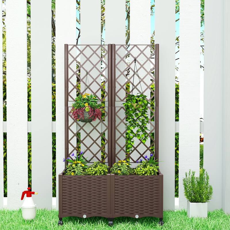 Outsunny Planter Box with Trellis, Self Watering Raised Garden Bed with Lockable Wheels, 56.3" Trellis Privacy Planter