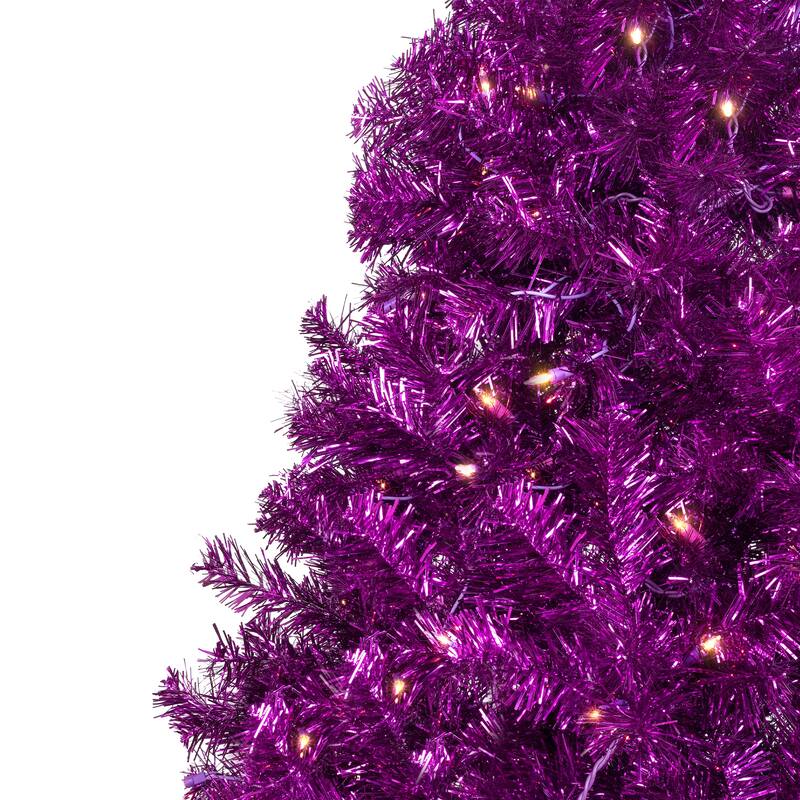 Pre-Lit Artificial Tinsel Christmas Tree - 9' - Purple - Clear Lights - 9 Foot