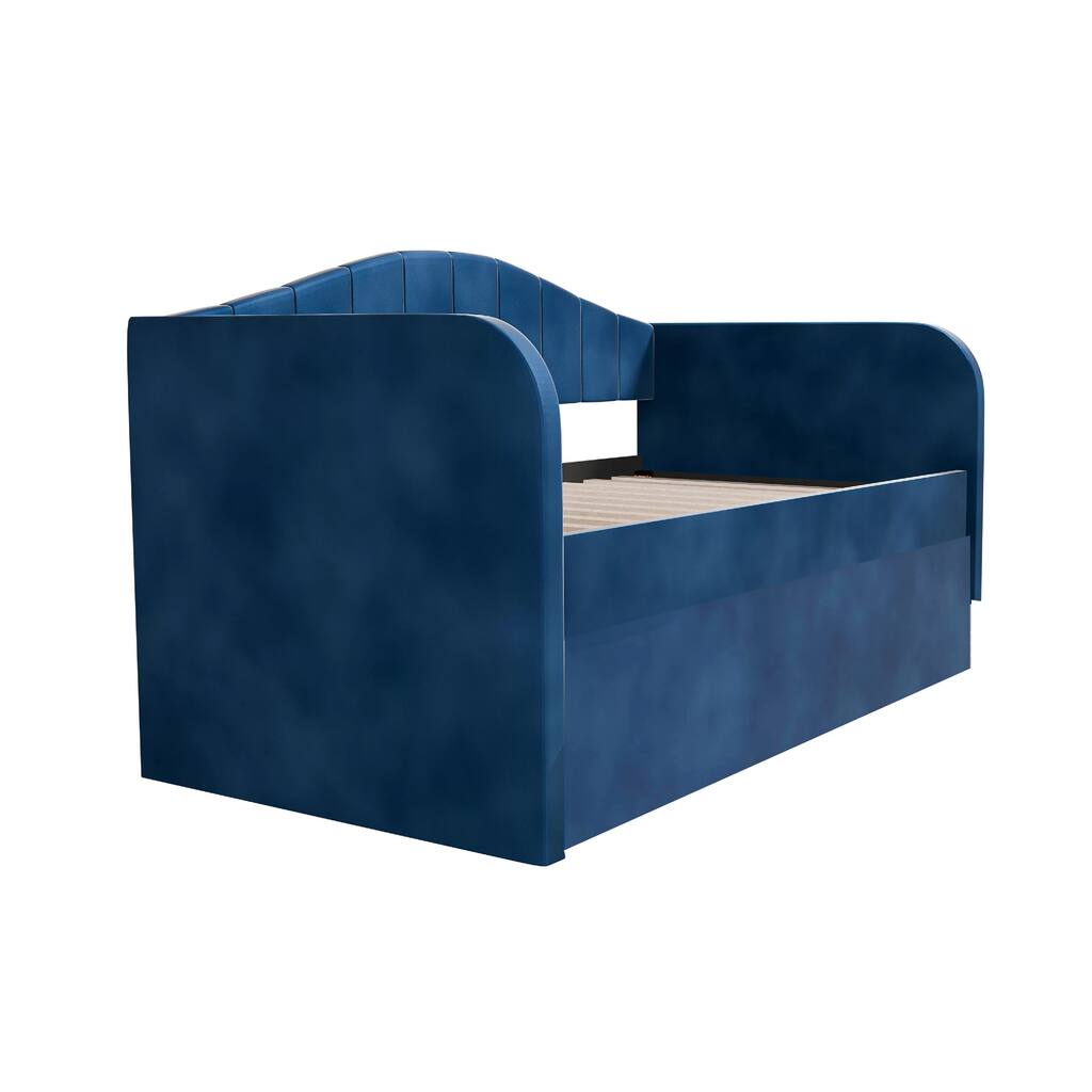 Keo Daybed with Pull Out Trundle, Channel Tufted Modern Blue Velvet