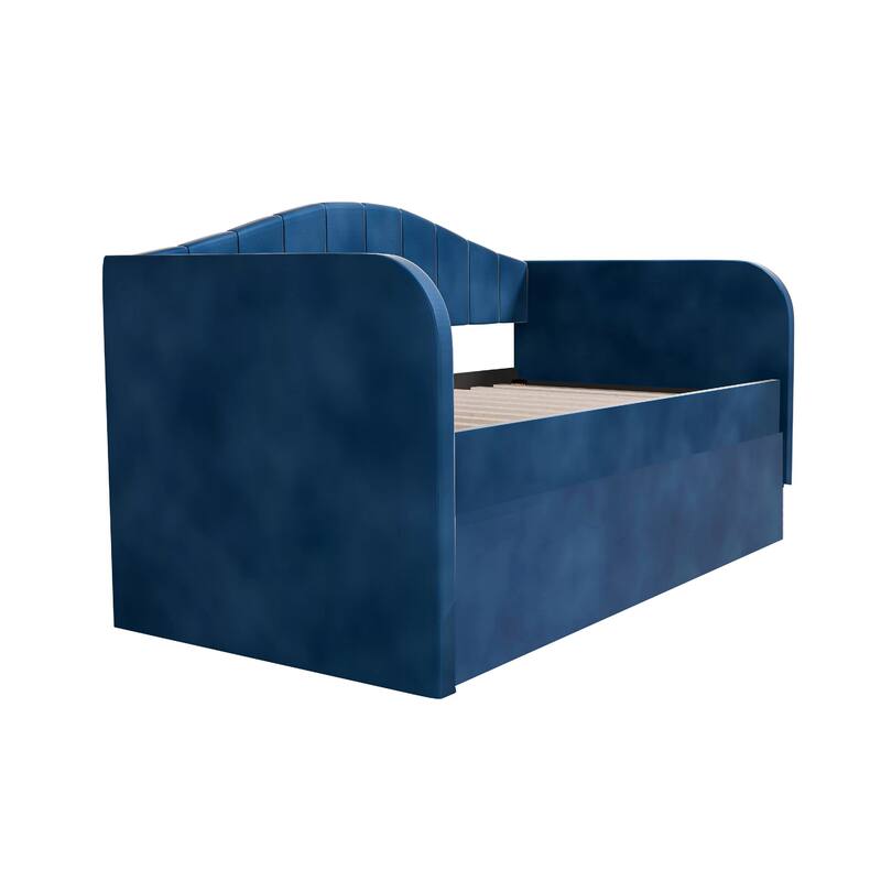 Keo Daybed with Pull Out Trundle, Channel Tufted Modern Blue Velvet