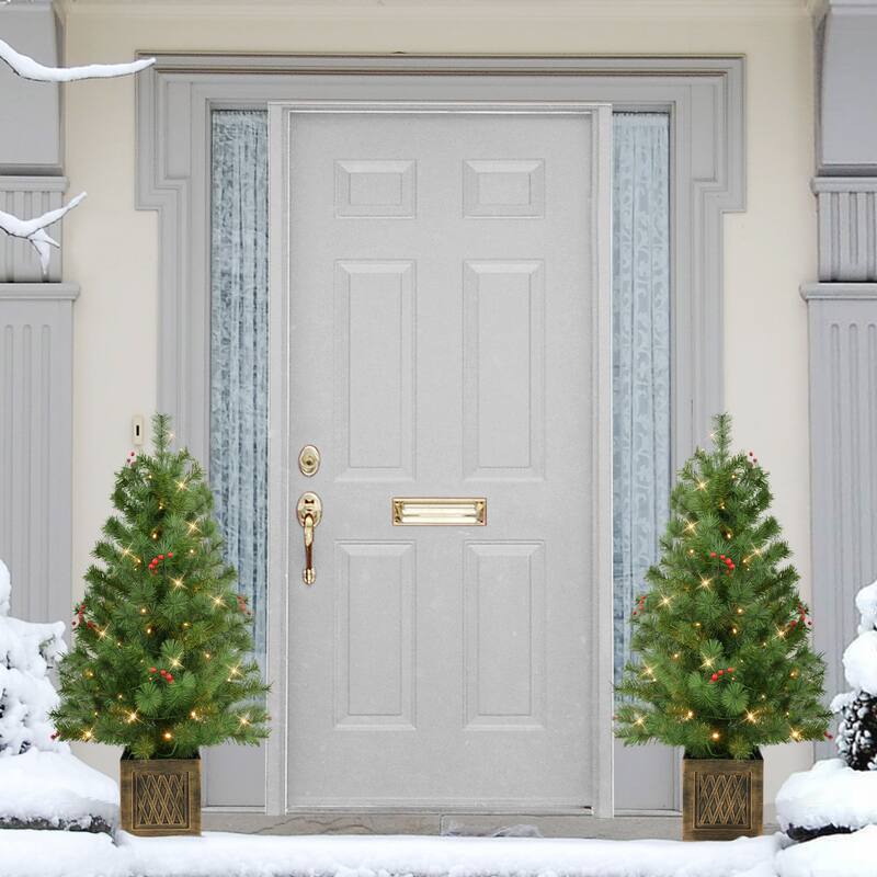 Puleo International Set of 2 Artificial Battery-Operated Pre-Lit Potted Adorned Trees