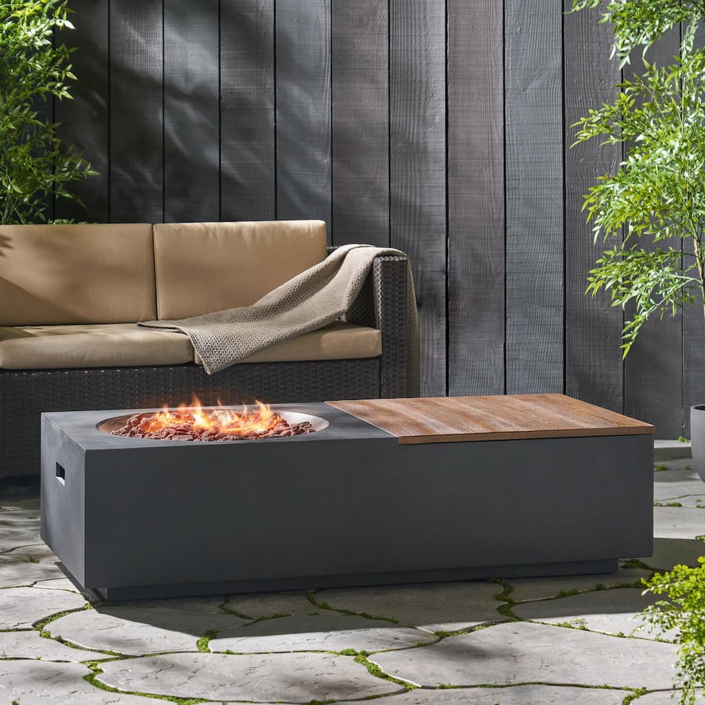 50,000 BTU Outdoor Lightweight Concrete Rectangular Fire Pit Table with Storage