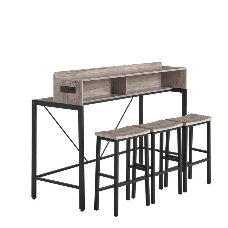 Counter Height Bar Table Set with Power Socket & LED Light, Farmhouse 4-Piece Dining Table Set with 3 Saddle Stools