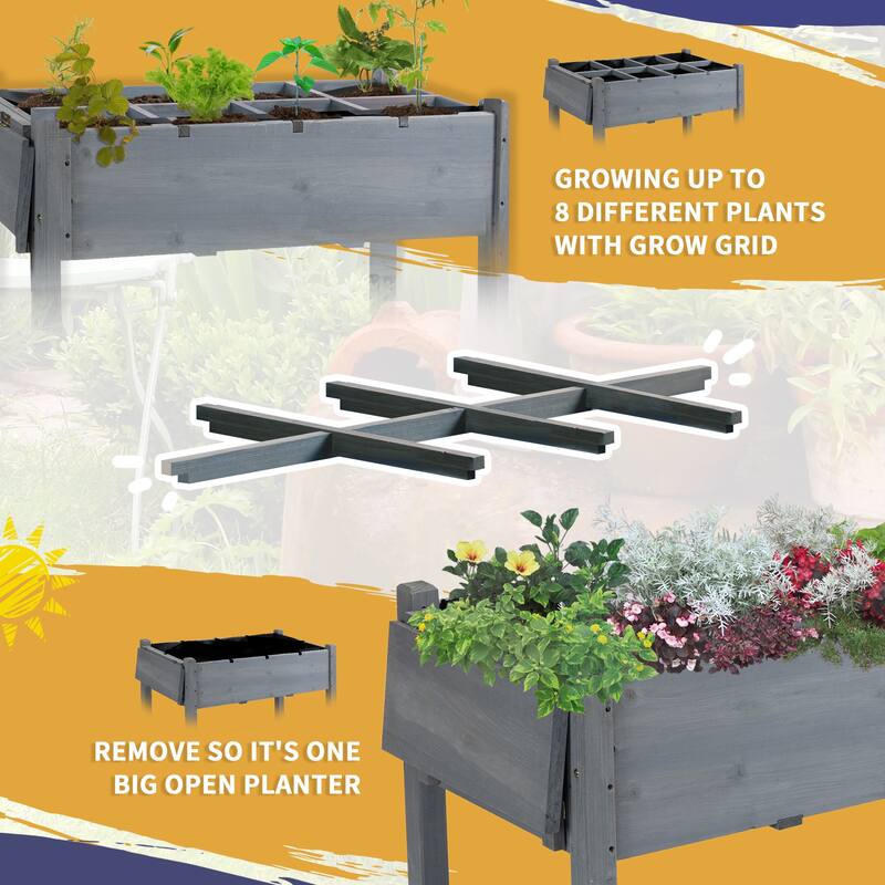 Outsunny 49'' x 21'' x 34'' Raised Garden Bed w/ 8 Grow Grids, Outdoor Wood Plant Stand w/ Storage Shelf and Lockable Wheels