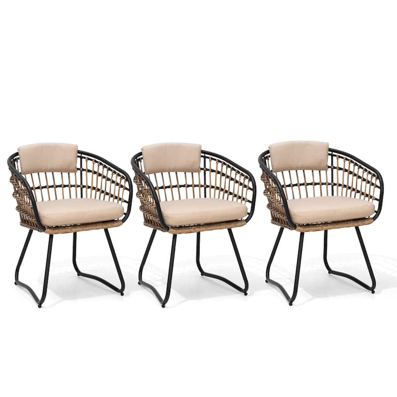 Outdoor Patio Wicker Dining Chairs PE Rattan Seating Set with Cushion - Beige - Set of 3