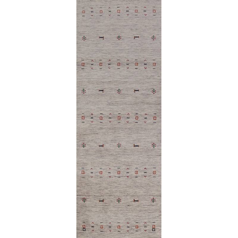 Hand Knotted Oriental 100% Wool Carpet Tribal Animal Pictorial Beige & Ivories Gabbeh Runner Rug - 9' 10'' X 2' 7''
