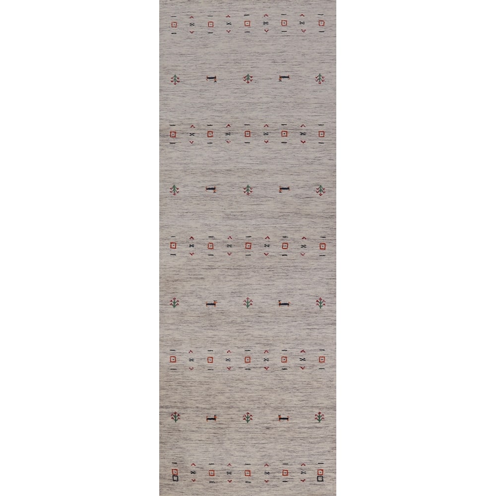 Hand Knotted Oriental 100% Wool Carpet Tribal Animal Pictorial Beige & Ivories Gabbeh Runner Rug - 9' 10'' X 2' 7''