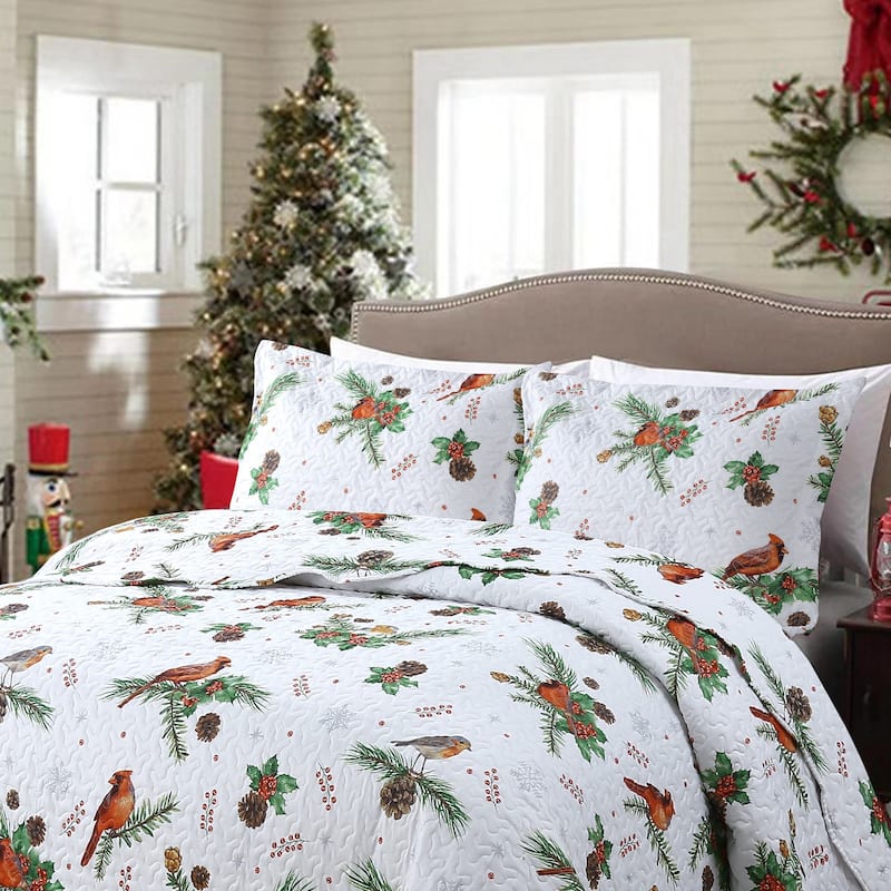 MarCielo 3 Pcs Winter Cardinals Christmas Quilt Bedspread Set C79