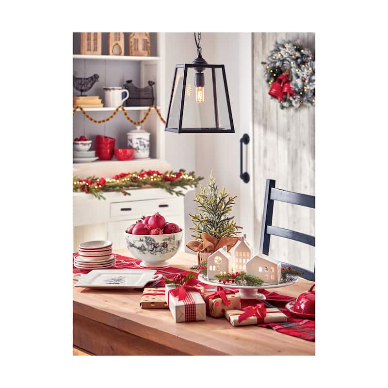 "Farmhouse Christmas" Collection Earthenware White Pedestal Bowl Featuring Farm House Winter Scene, 10.0L x 10.0W x 6.1H in.