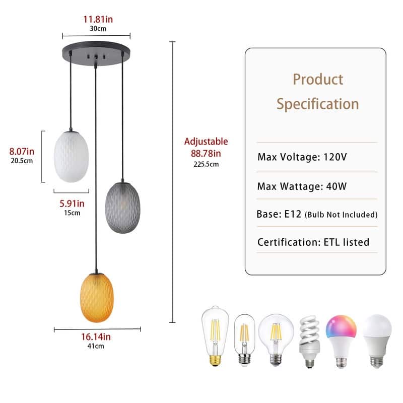 3-Light Modern Glass Pendant Light Cluster with Matte Black Canopy for Dining Room & Entryway