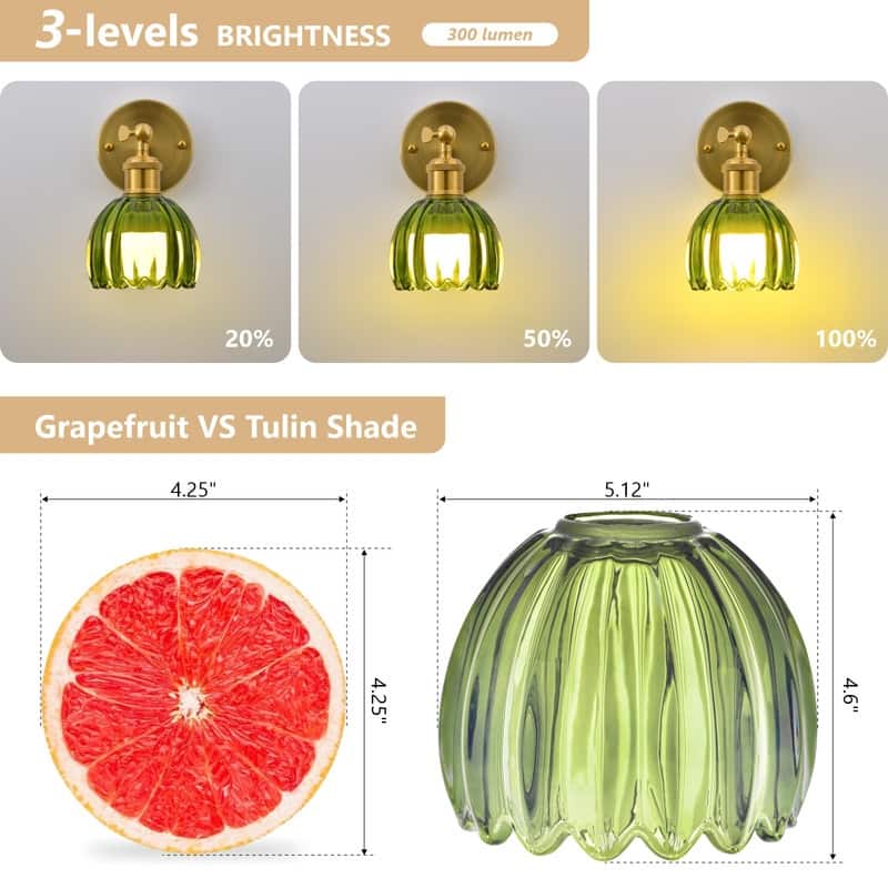 Adjustable Vintage Wall Sconce with Amber Tulip Glass Brass Fixture with Switch Ideal for Bedroom Hallway or Entry