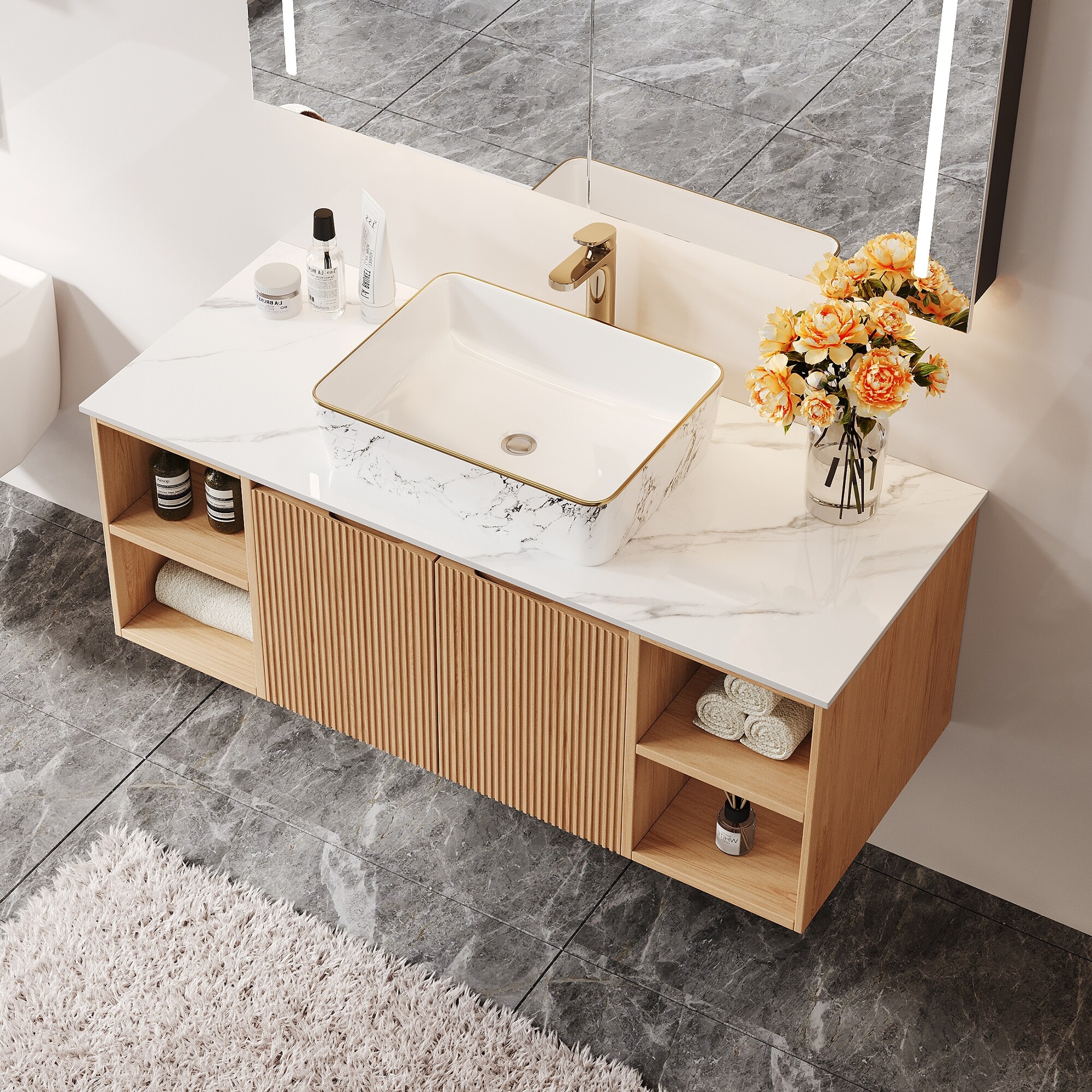 36'' Single Bathroom Vanity with Glossy Sintered Stone Top, Light