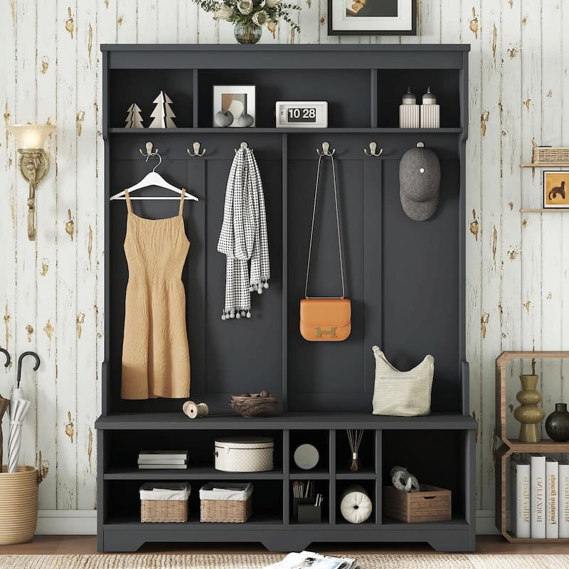 Modern Hallway Hall Tree with Metal Hooks and Storage