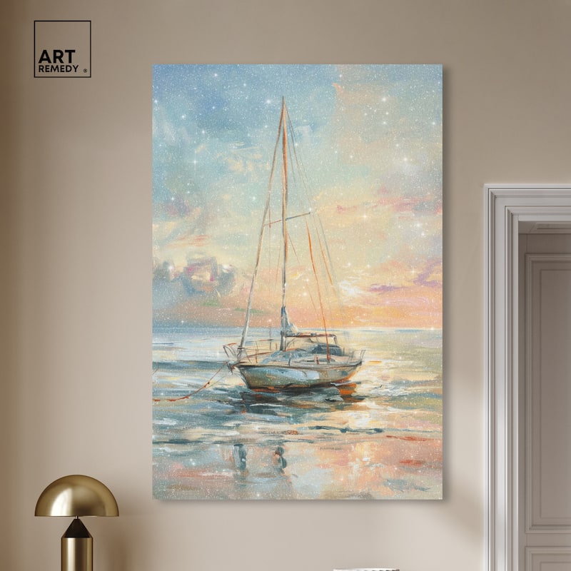 Art Remedy Boat On The Shore Gallery Wrapped Sailing 1 Piece Canvas Wall Art