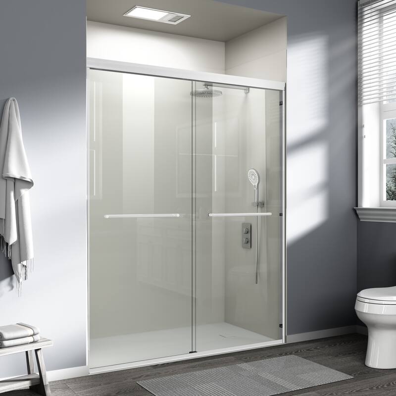 ABRUZZO 56-60" W x 72" H Semi-Frameless Double Sliding Tempered Glass Shower Door with Dual Towel Bars