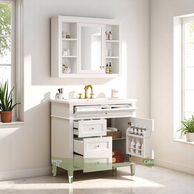 36 Inch Bathroom Vanity Set with Ceramic Sink, Medicine Mirror Cabinet, Soft Closing Doors and Drawers