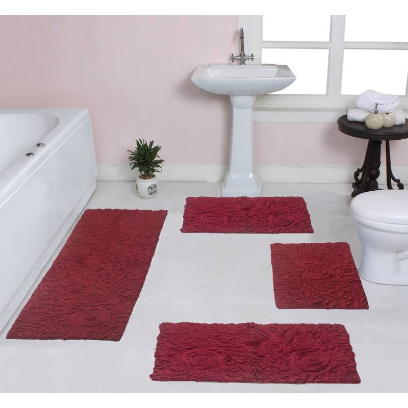 Home Weavers Modesto Collection 100% Cotton Bath Rug, Non-Slip Bath Rug, Extra Soft, Machine Wash, 4 Pcs Set with Runner - Red - 17"x24", 21"x34", 24"x40", 21"x54"