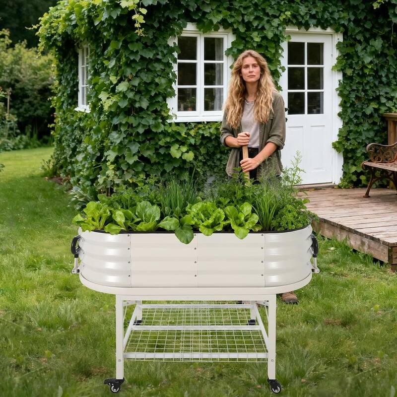 Galvanized Raised Garden Bed, Steel Planter Boxes with Wheels and Rack