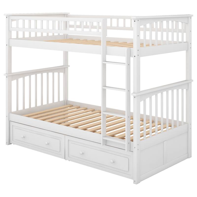 Solid Pine Convertible Bunk Bed with 2 Drawers, Fence Guardrail