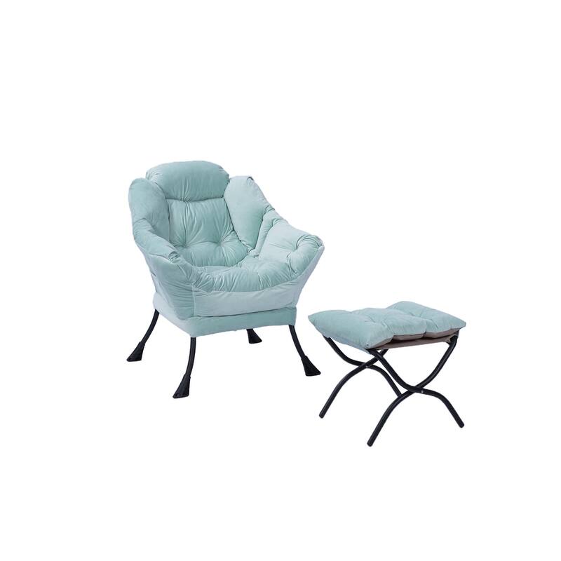 Modern Cotton Fabric Accent Lazy Chair with Armrests and a Side Pocket: with Ottoman, with Footrest.