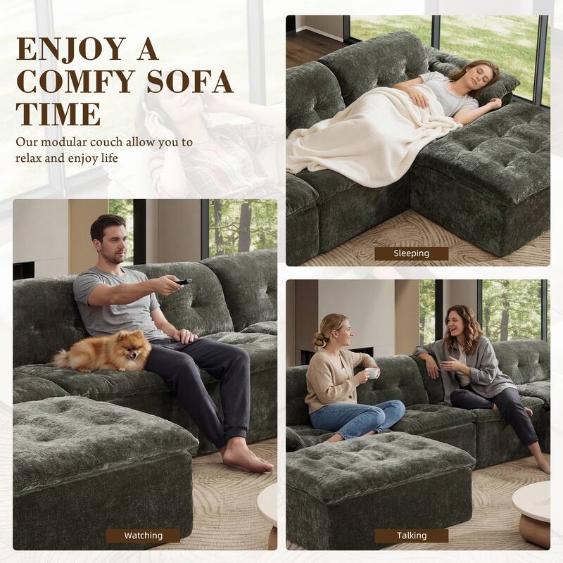Rossetta 4-Seater Chenille Upholstery Modular Convertible Design Generous Seating Cushioned Sofa with 2 Versatile Ottomans