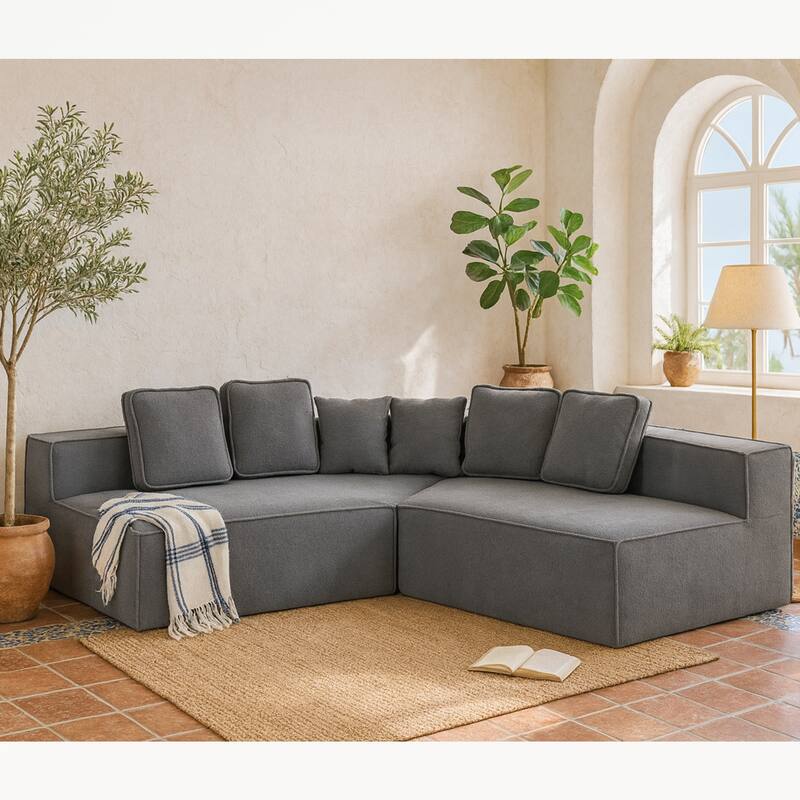 132"Oversized Teddy Fabric Modular Sectional Sofa,Full-Foam Cushion Design with Ultra Soft Feel with Six Cushions