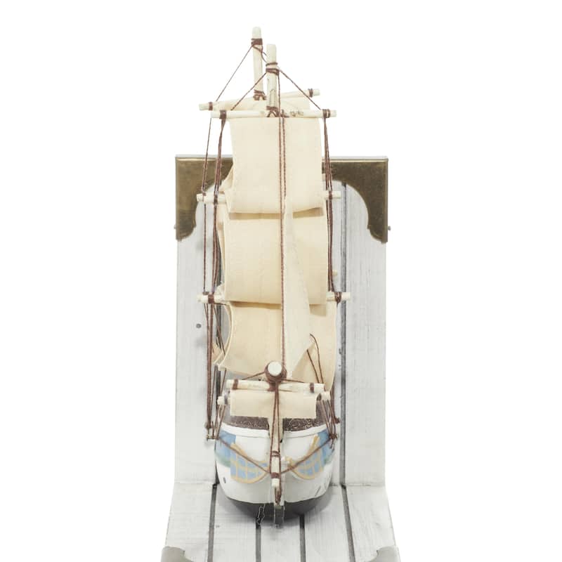 White Wood Sail Boat Decorative Bookends with Real Boat Rigging and Gold Corners (Set of 2)