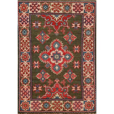 Geometric Green Kazak Oriental Foyer Rug Handmade Wool Carpet - 2'0"x 3'0"