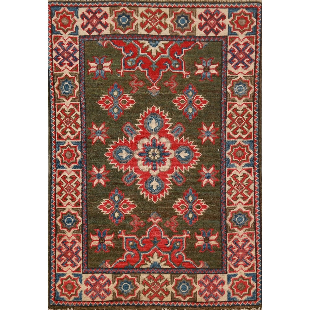 Geometric Green Kazak Oriental Foyer Rug Handmade Wool Carpet - 2'0"x 3'0"