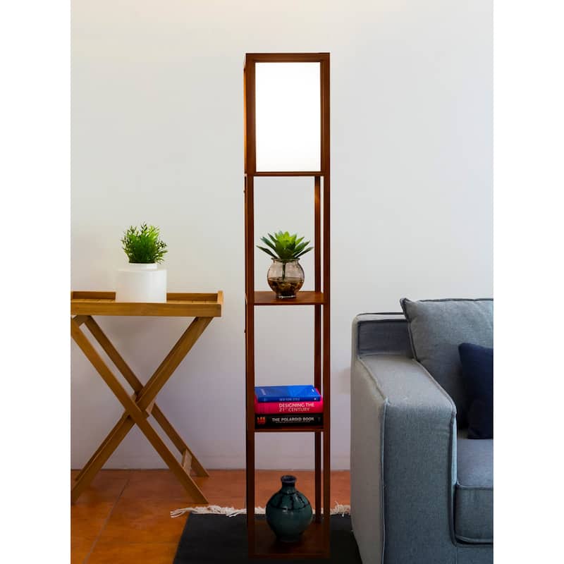 Brightech Maxwell 63 in. Havana Brown Traditional LED Super Bright 3-Shelf Floor Lamp with White Fabric Square Shade