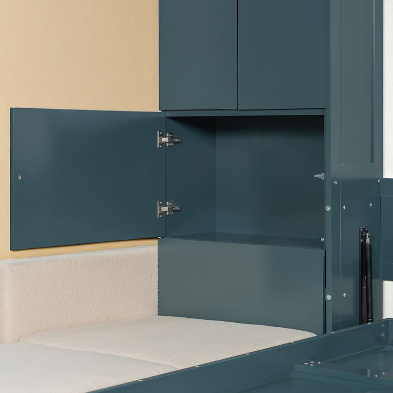 Queen Size Murphy Wall Bed with Sofa and Storage Cabinets, Folding Bed with Shelves for Small Spaces