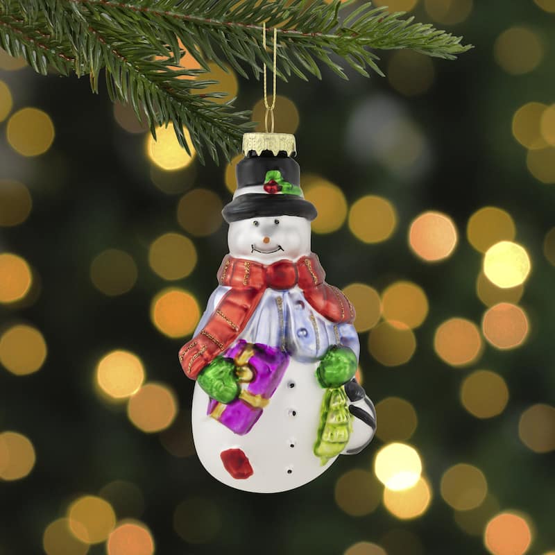 5" Red and Green Snowman with Presents Hanging Glass Christmas Ornament
