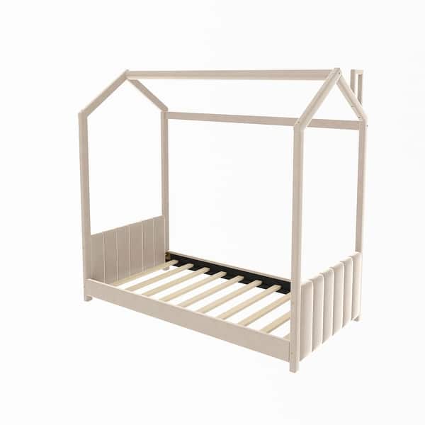 slide 2 of 8, Twin Velvet House Bed with Pine Frame - Semi-Enclosed for Sleep & Play Beige - Twin