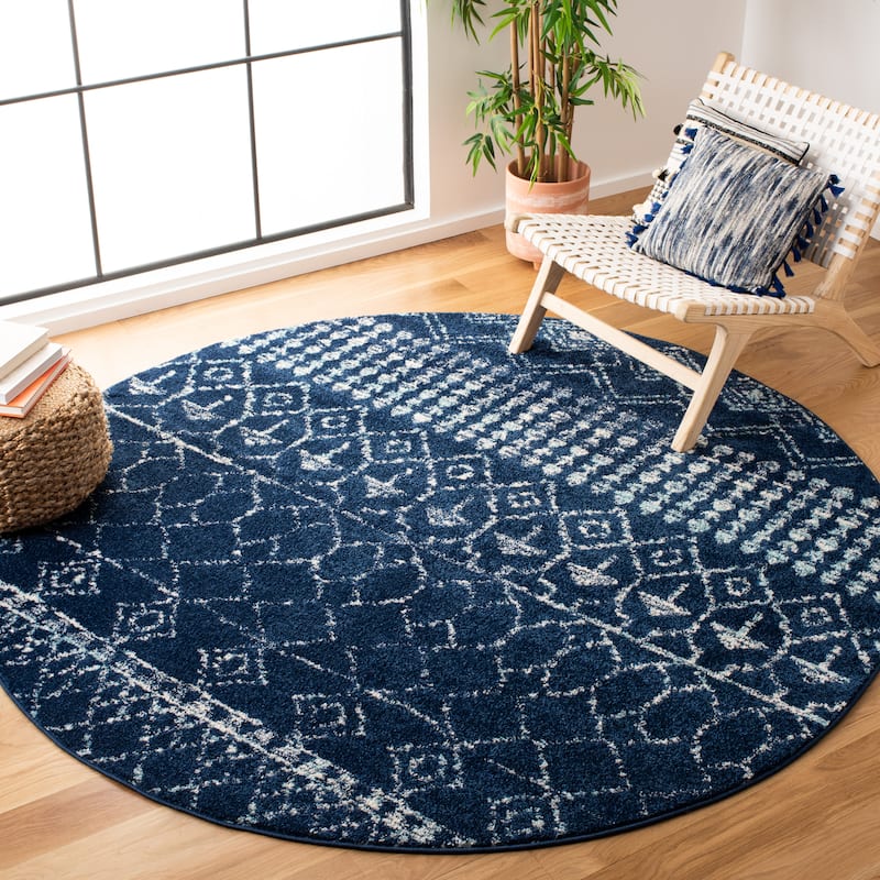 SAFAVIEH Tulum Ethelyn Rustic Moroccan Boho Tribal Rug - 5' Round - Navy/Ivory - Runner/Round