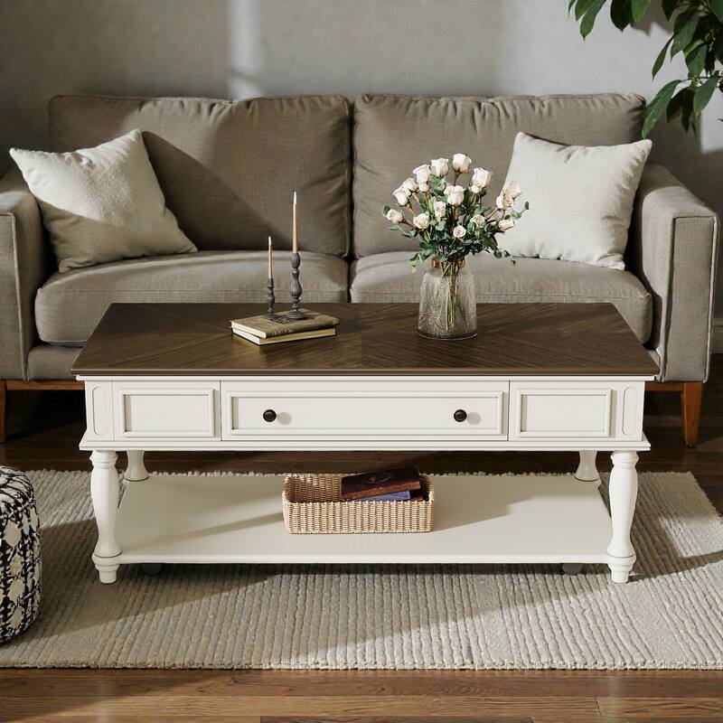 Farmhouse Coffee Table with Drawer and Shelf, 47.2" Rectangular Cocktail Table with Wheels, Rustic Wood Accent - Grey White