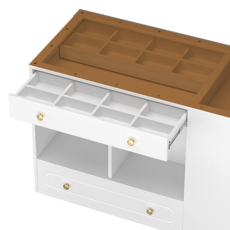 47.30" Glass-Top Closet Island Makeup Vanity with 6 Drawers and Open Shelves