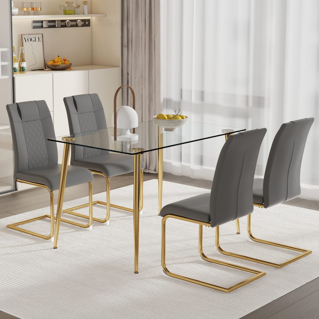 Rectangular Dining Table Set 4 Chairs Tempered Glass Top Gold Metal Legs Modern