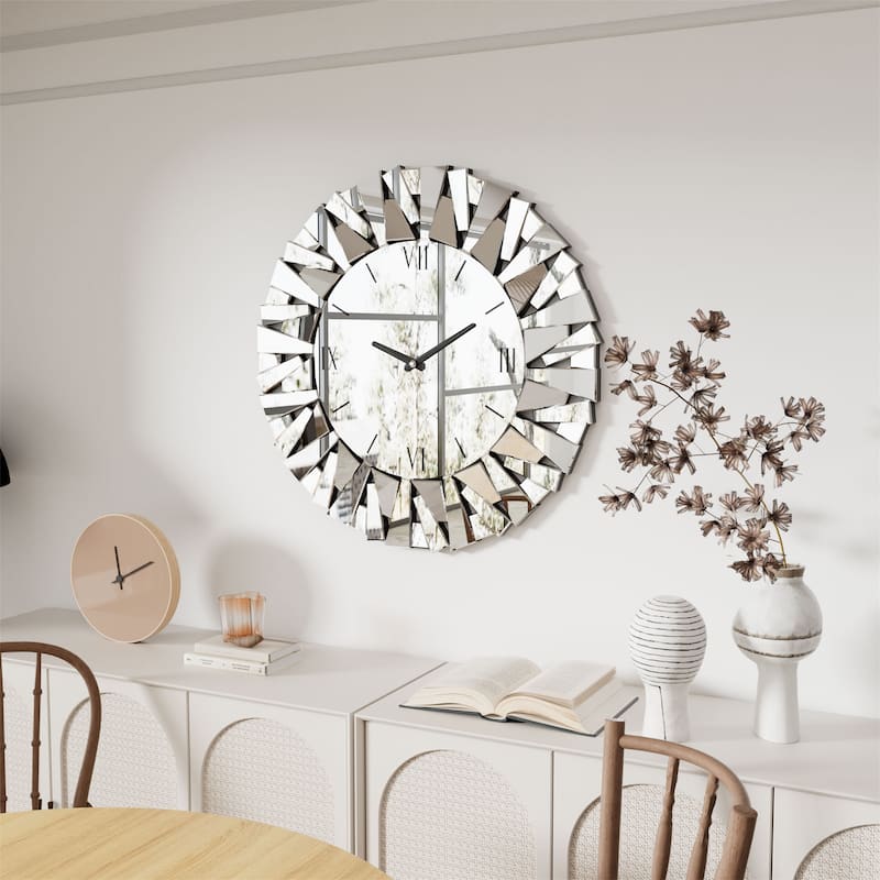 Silver Glass Mirrored Starburst Decorative Wall Clock - 32"x32"