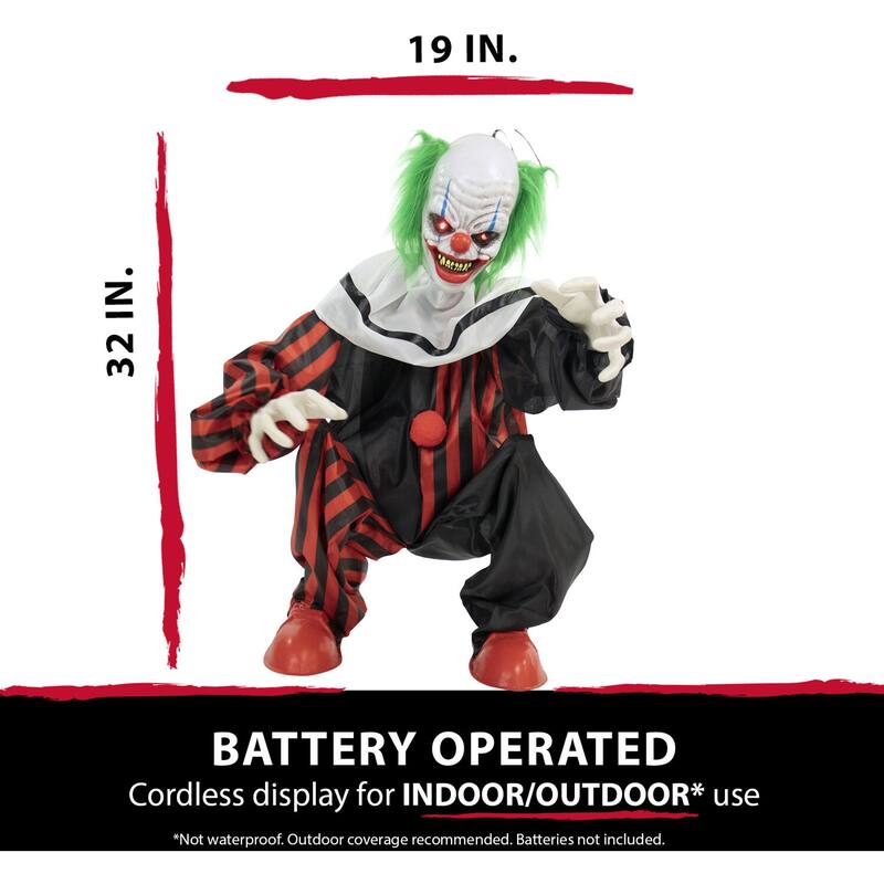 Life-Size Animatronic Crouching Clown with Lights and Sound, Indoor or Covered Outdoor Halloween Decoration
