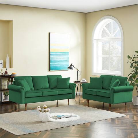 Modern & Elegant Velvet Sofa Set, Loveseat and 3-Seat Sofa for Living Room, with Solid Rubber Wood Legs and Wood Frame