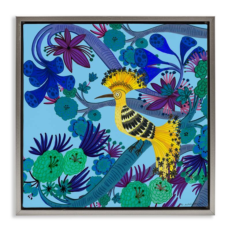 Stupell Whimsical Yellow Bird & Flowers Framed Floater Canvas Wall Art Design By Kay Widdowson - 18 x 18 - Grey
