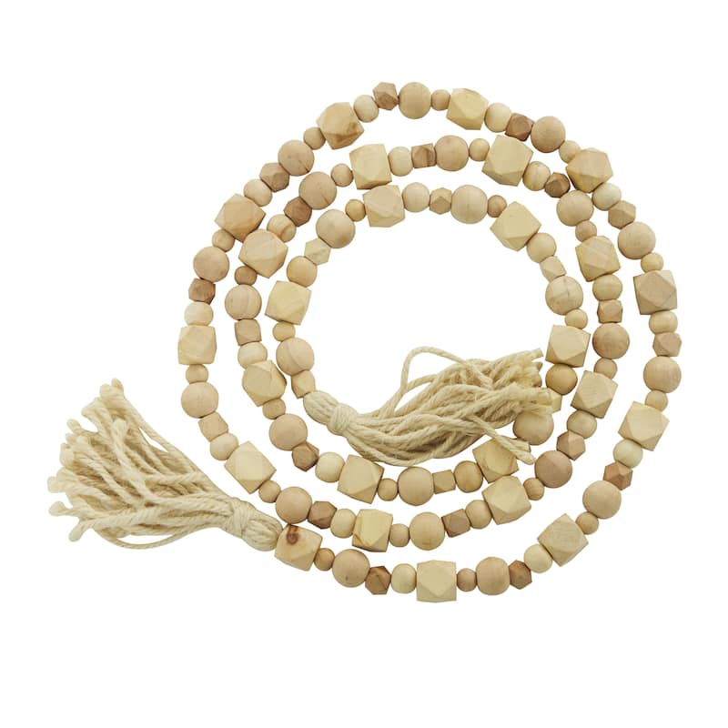 Mango Wood Handmade Hexagon Carved Geometric Long Beaded Garland with Tassel - Roche River Decor - Light Brown - 80"L