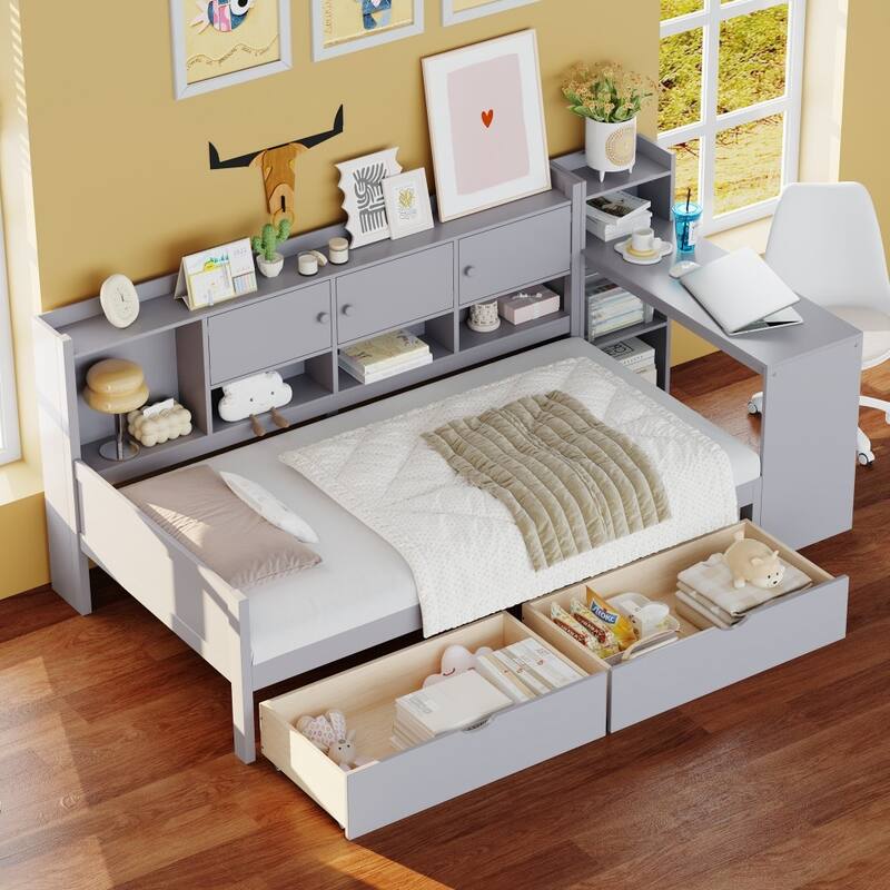 Modern Wooden L-shape Multi-functional Daybed with Study Desk and Built-in Bookshelf - Grey - Twin