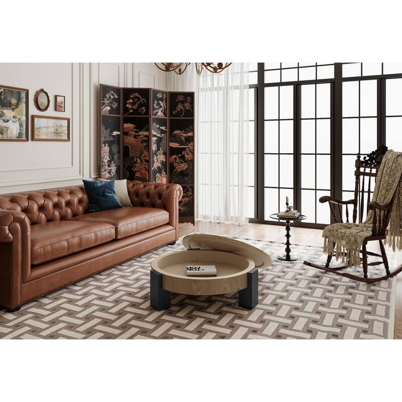 33" Round Coffee Table with Hidden Storage, Parquet Veneer Top Table, 3 Block Legs Sturdy Center Accent Table for Living Room