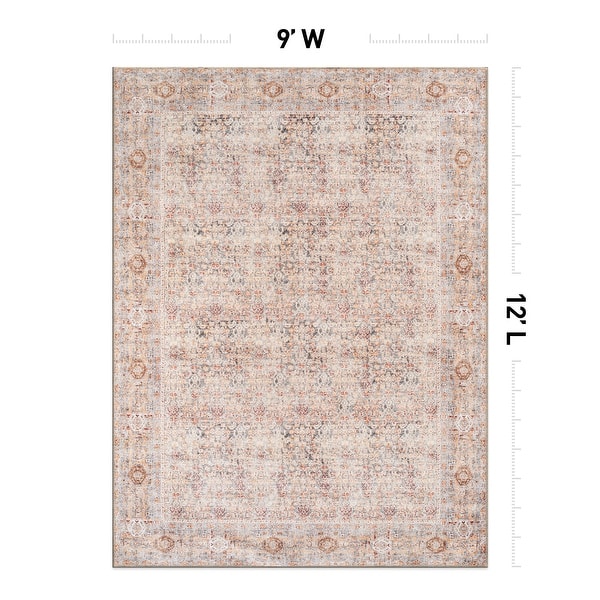 dimension image slide 2 of 8, Terracotta Floral Washable Rug – Allover Pattern, Flat Pile, Ideal for Entryway, Living Room, and Bedroom