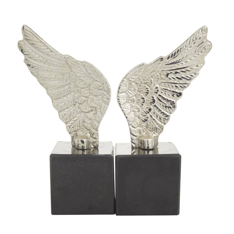 Aluminum Metal Bird Wings Decorative Bookends with Marble Base - Set of 2 Gold or Silver - Roche River Decor